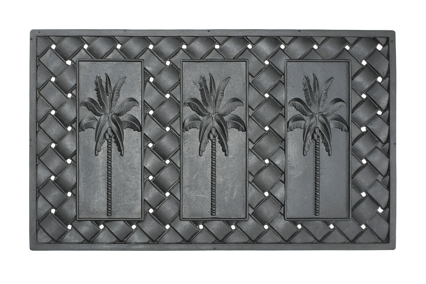 Decorative doormat with palm tree design on a woven background