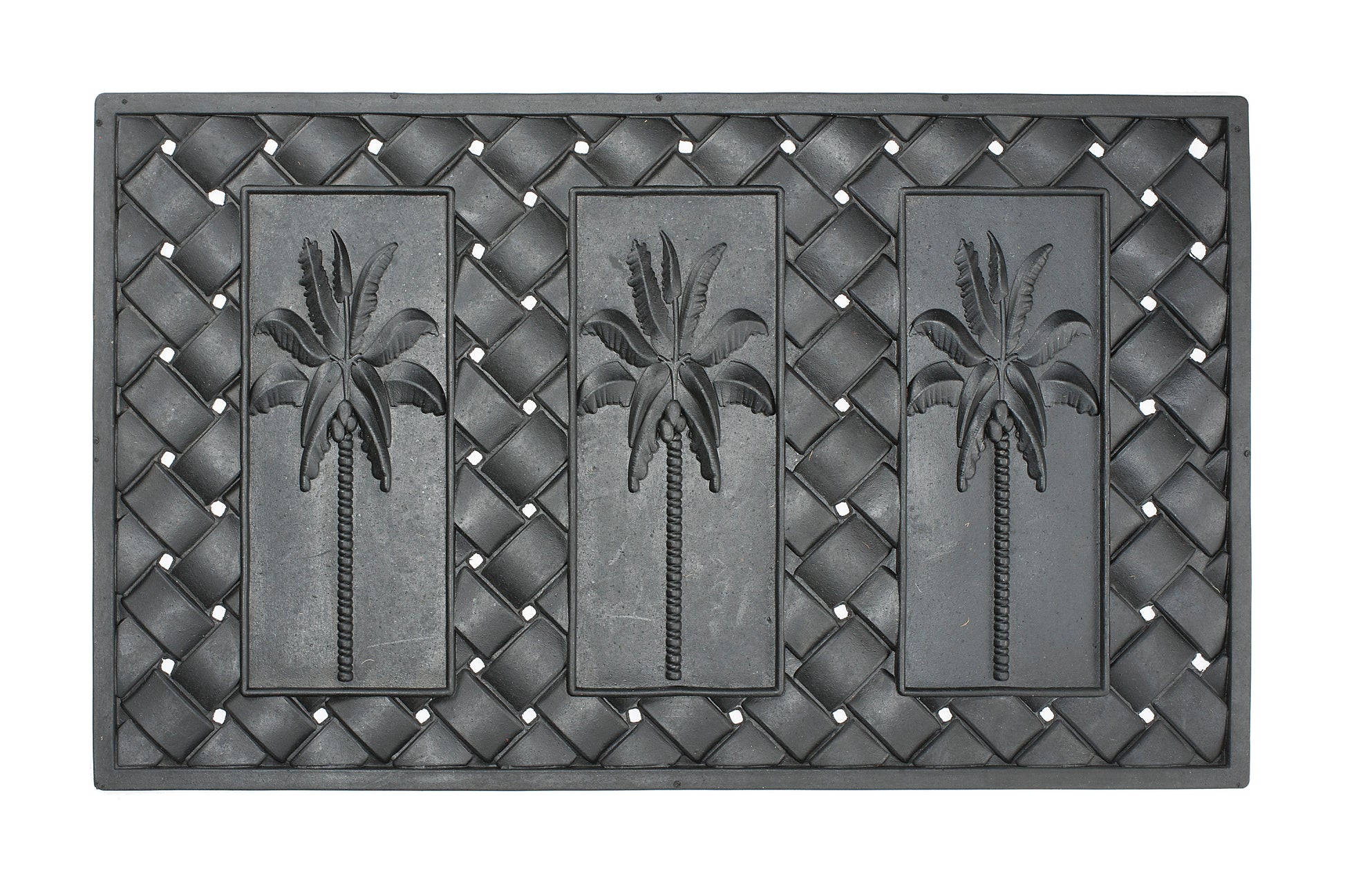 Decorative doormat with palm tree design on a woven background