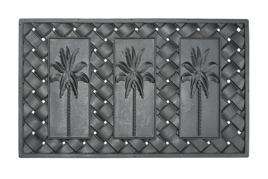 Decorative doormat with palm tree design on a woven background