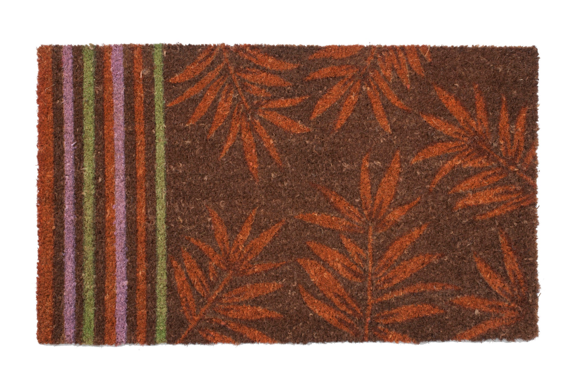 brown doormat with burnt orange ferns and colorful stripes on one side