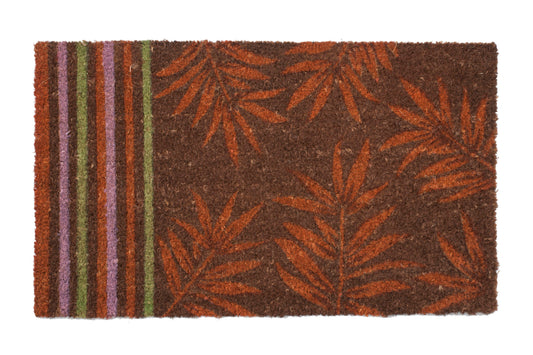 brown doormat with burnt orange ferns and colorful stripes on one side