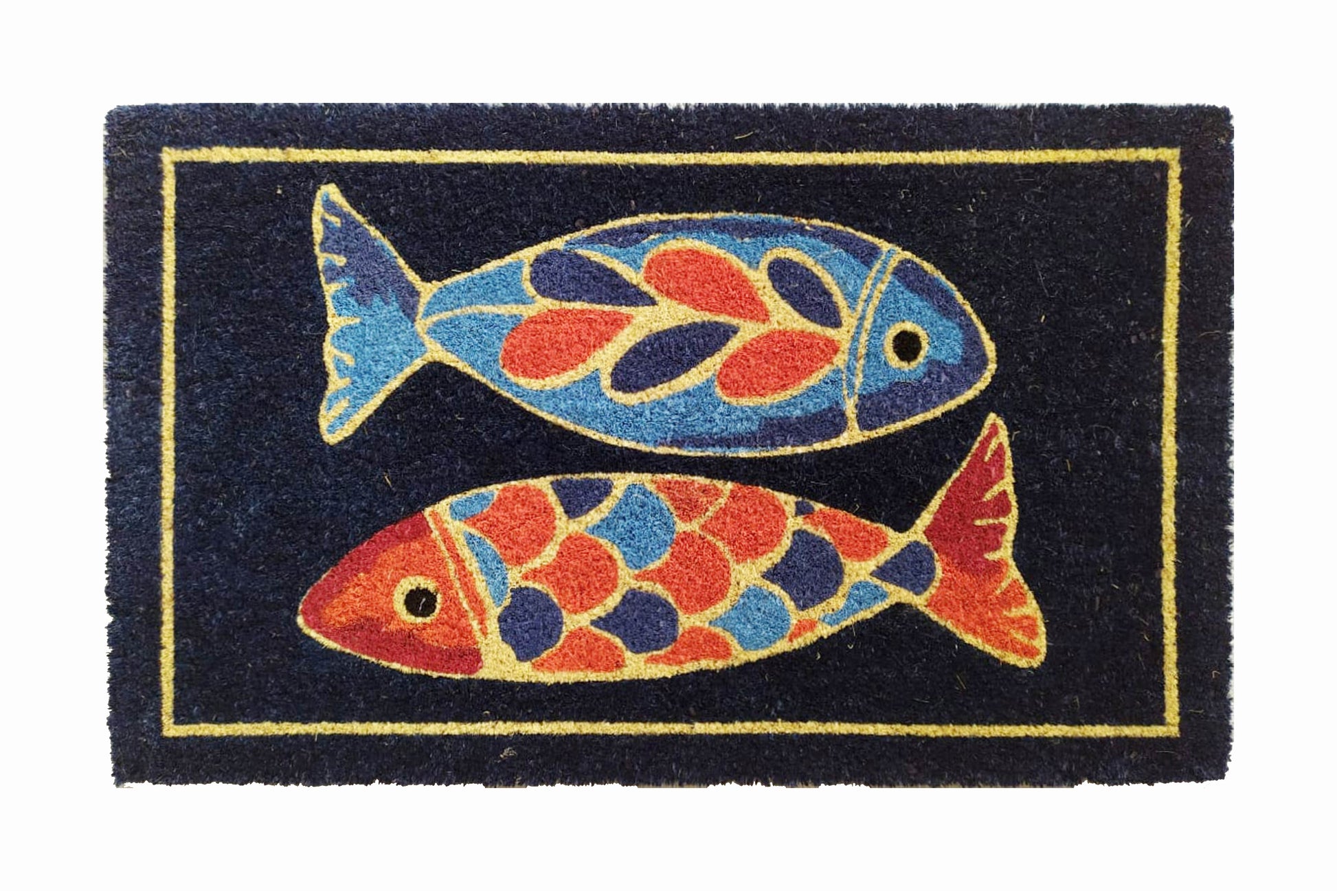 Decorative doormat with colorful fish design on a black background