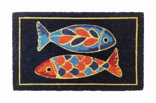 Decorative doormat with colorful fish design on a black background