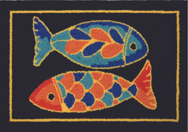 Decorative rug with colorful fish design on a black background