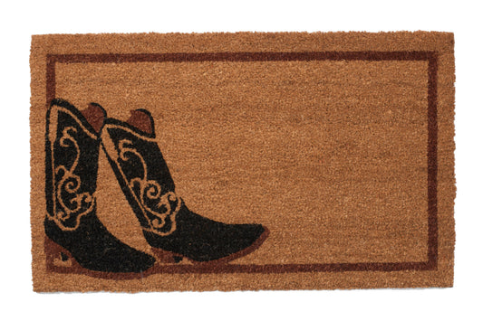 Doormat with cowboy boots design on a beige background