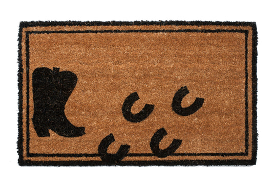 Doormat with cowboy boot and horseshoe design on a beige background