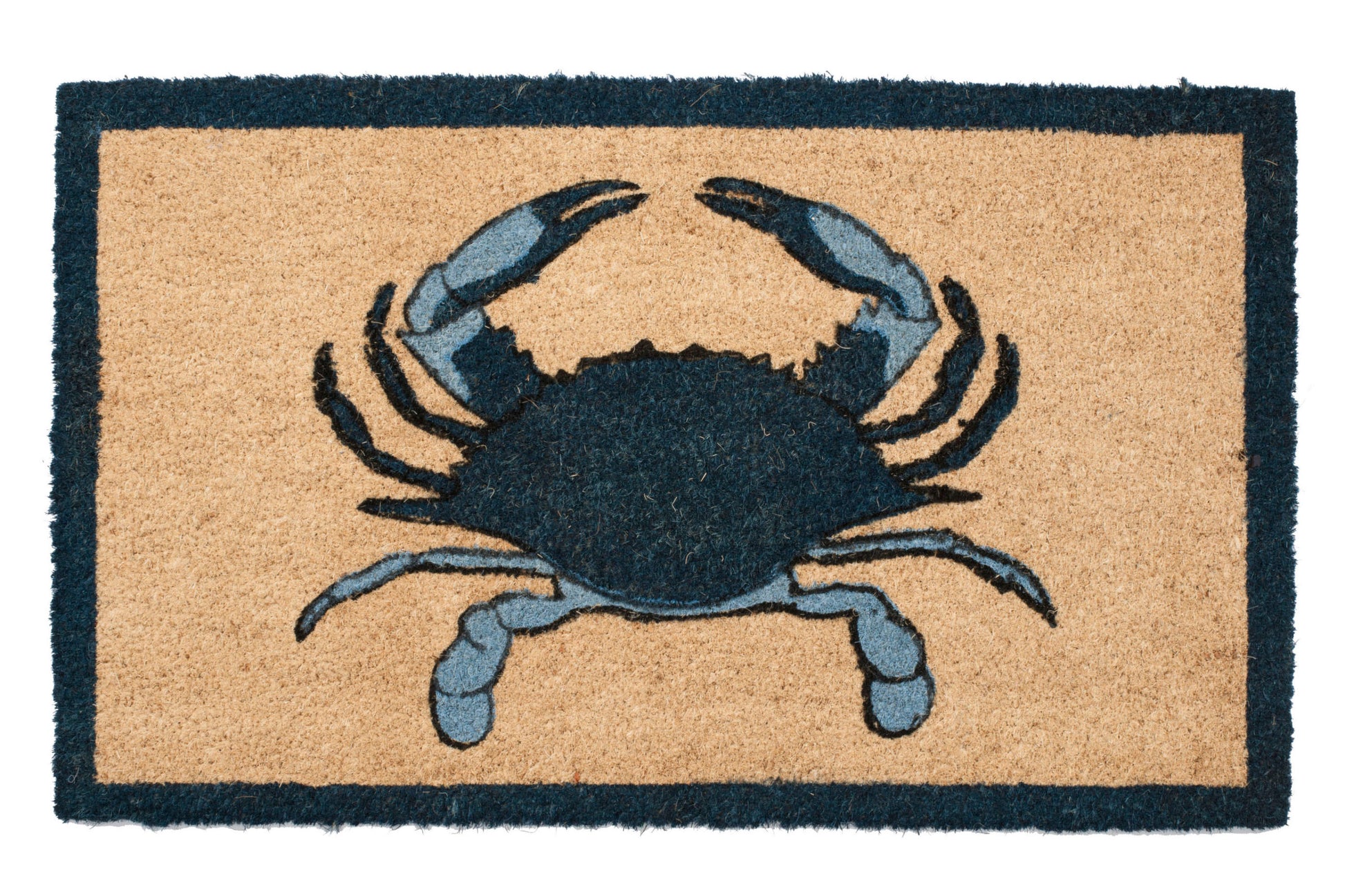 Doormat with a blue crab design on a beige background