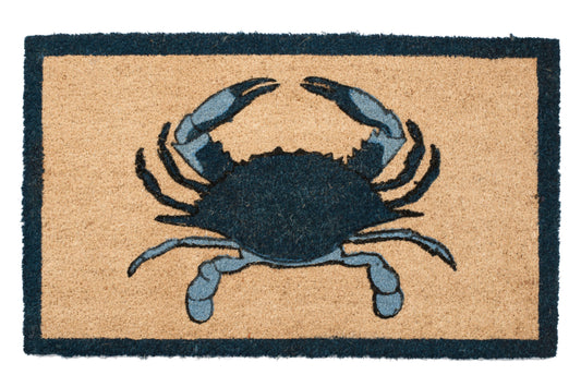 Doormat with a blue crab design on a beige background