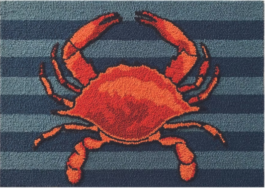 blue and grey accent rug with crab design
