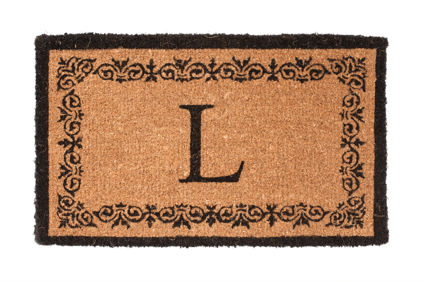 brown doormat with decorative border and letter 'L'