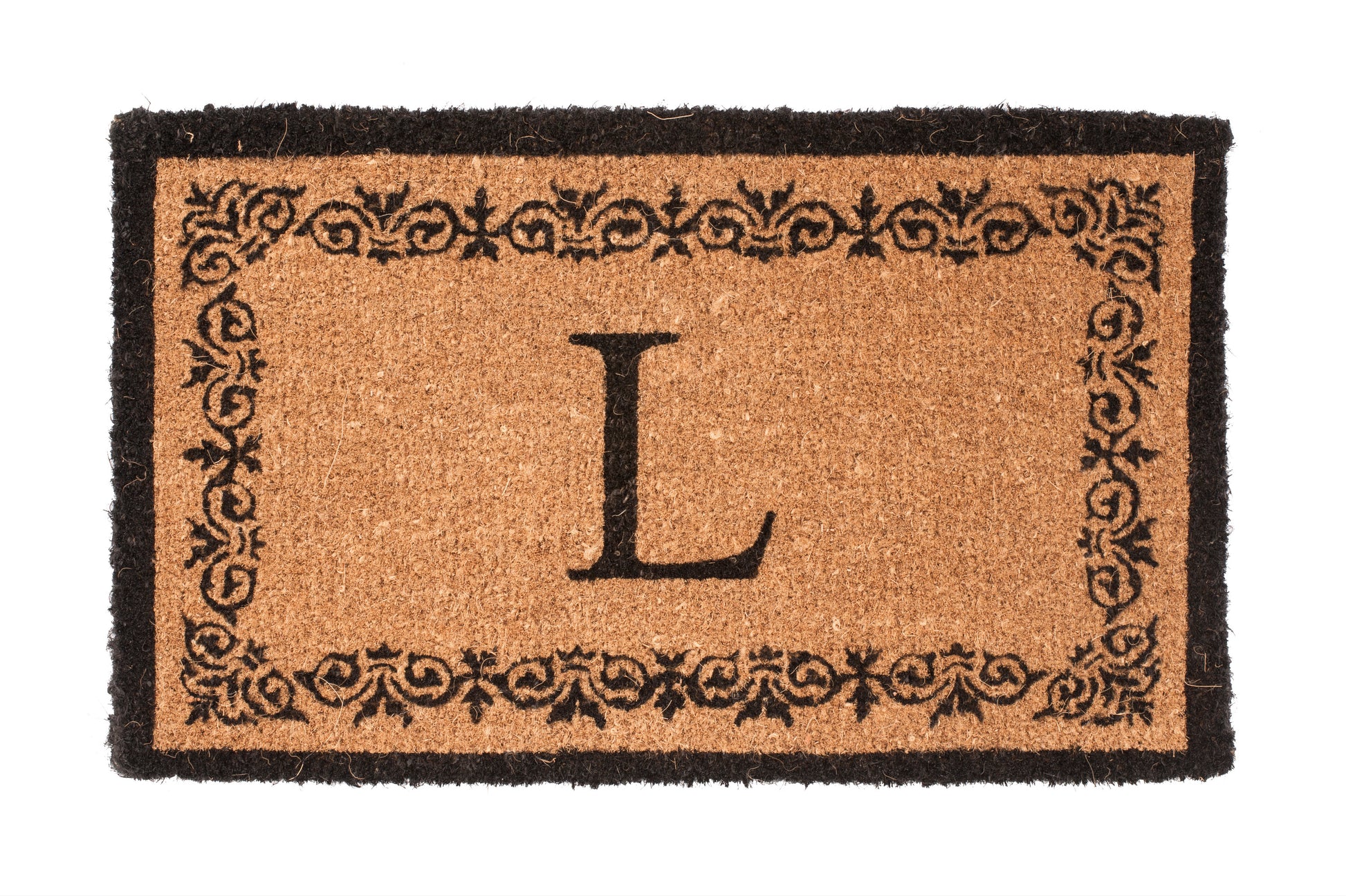 brown doormat with decorative border and letter 'L'