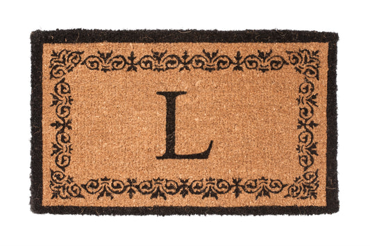 brown doormat with decorative border and letter 'L'