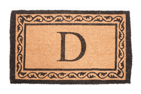 Doormat with letter 'D' and decorative border on a white background