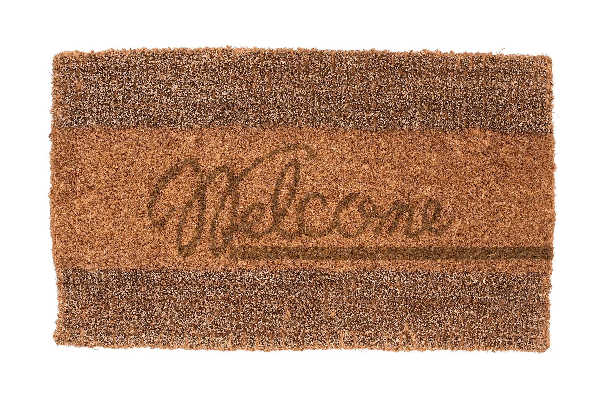 brown door mat seagrass woven pattern with welcome text