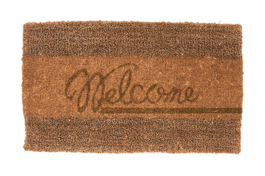 brown door mat seagrass woven pattern with welcome text