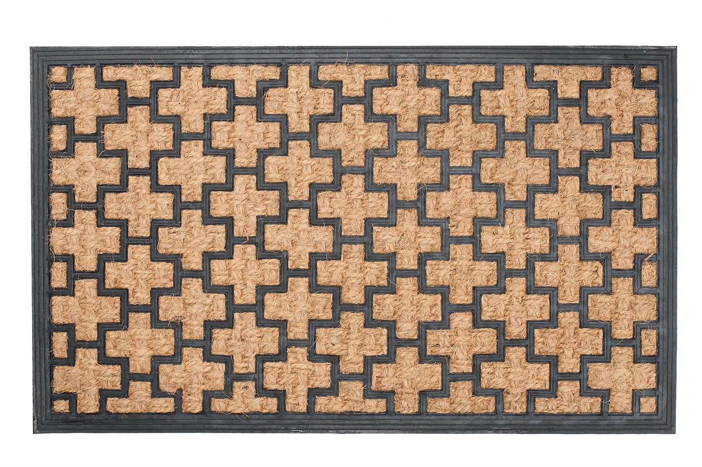 brown door mat with decorative geometric cross pattern
