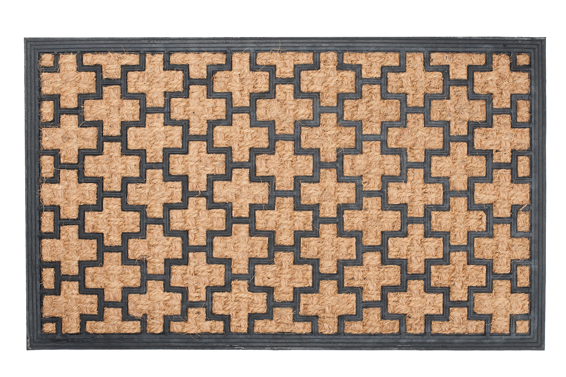brown door mat with decorative geometric cross pattern
