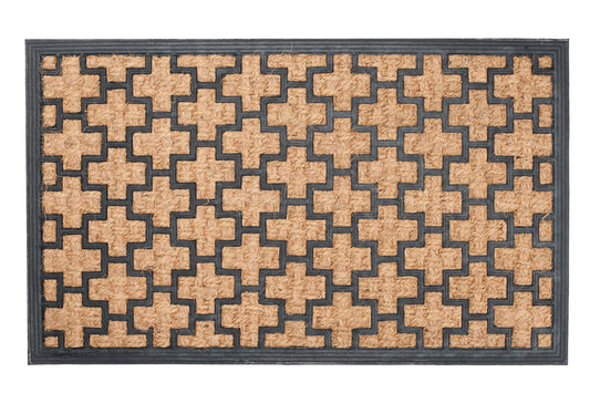 brown door mat with decorative geometric cross pattern