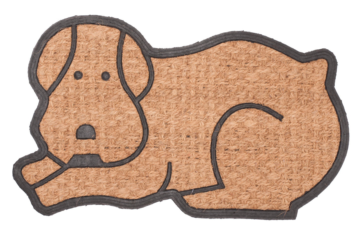 Dog-shaped doormat with a brown and black border on a white background
