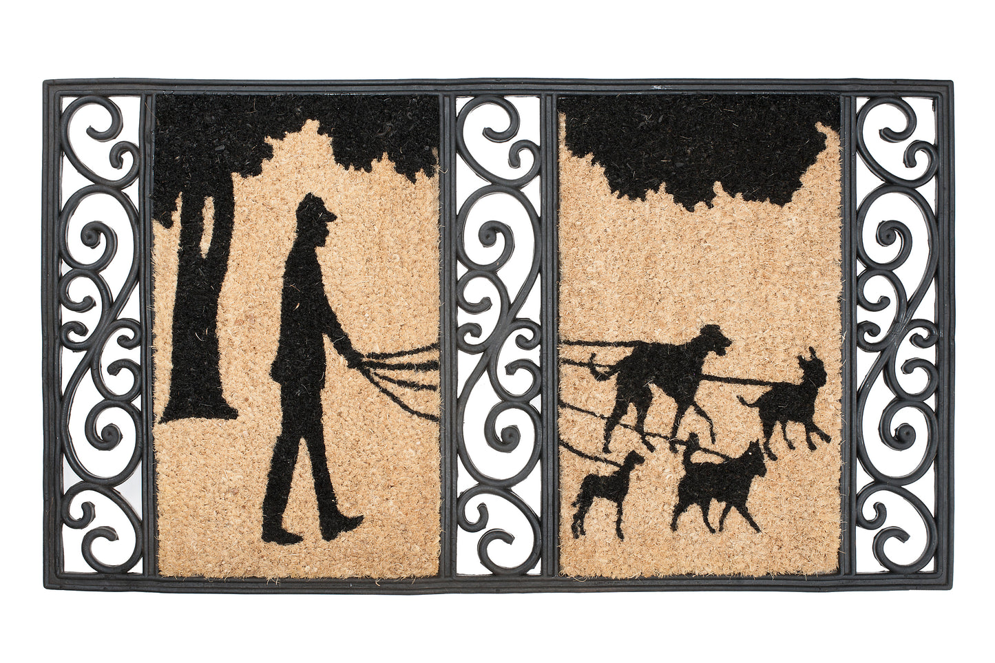 Decorative doormat with a silhouette design of a person walking dogs on leashes