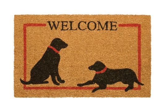 Doormat with silhouettes of two dogs and the word 'WELCOME' on a beige background