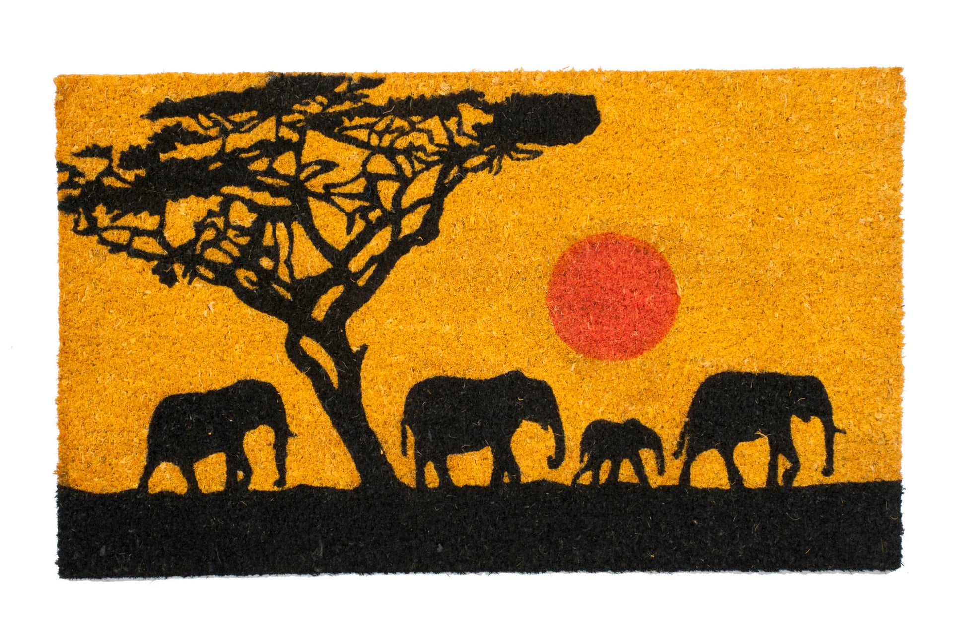 Doormat with silhouette of elephants and a tree against a sunset background