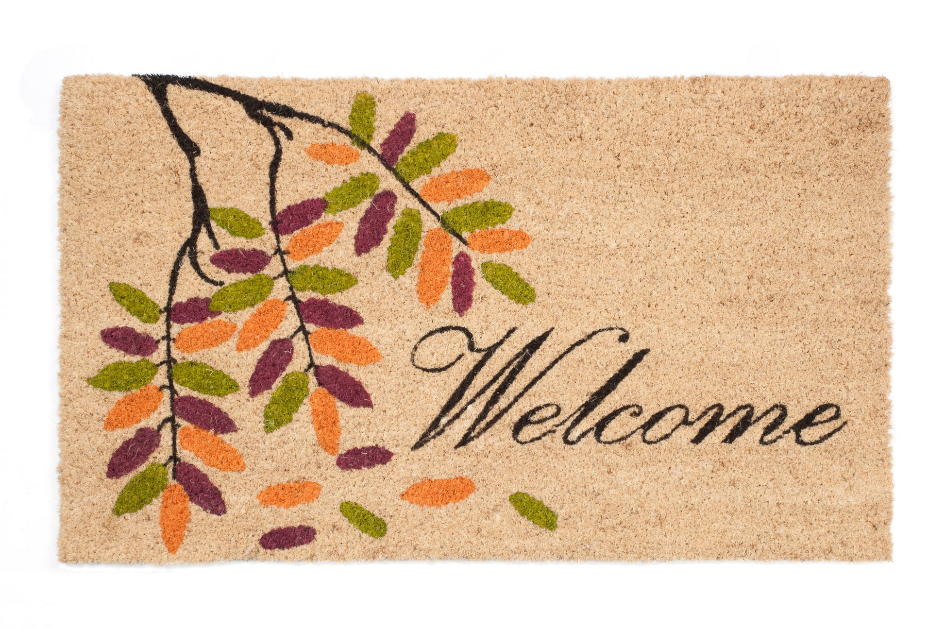 Doormat with autumn leaf design and 'Welcome' text on a beige background