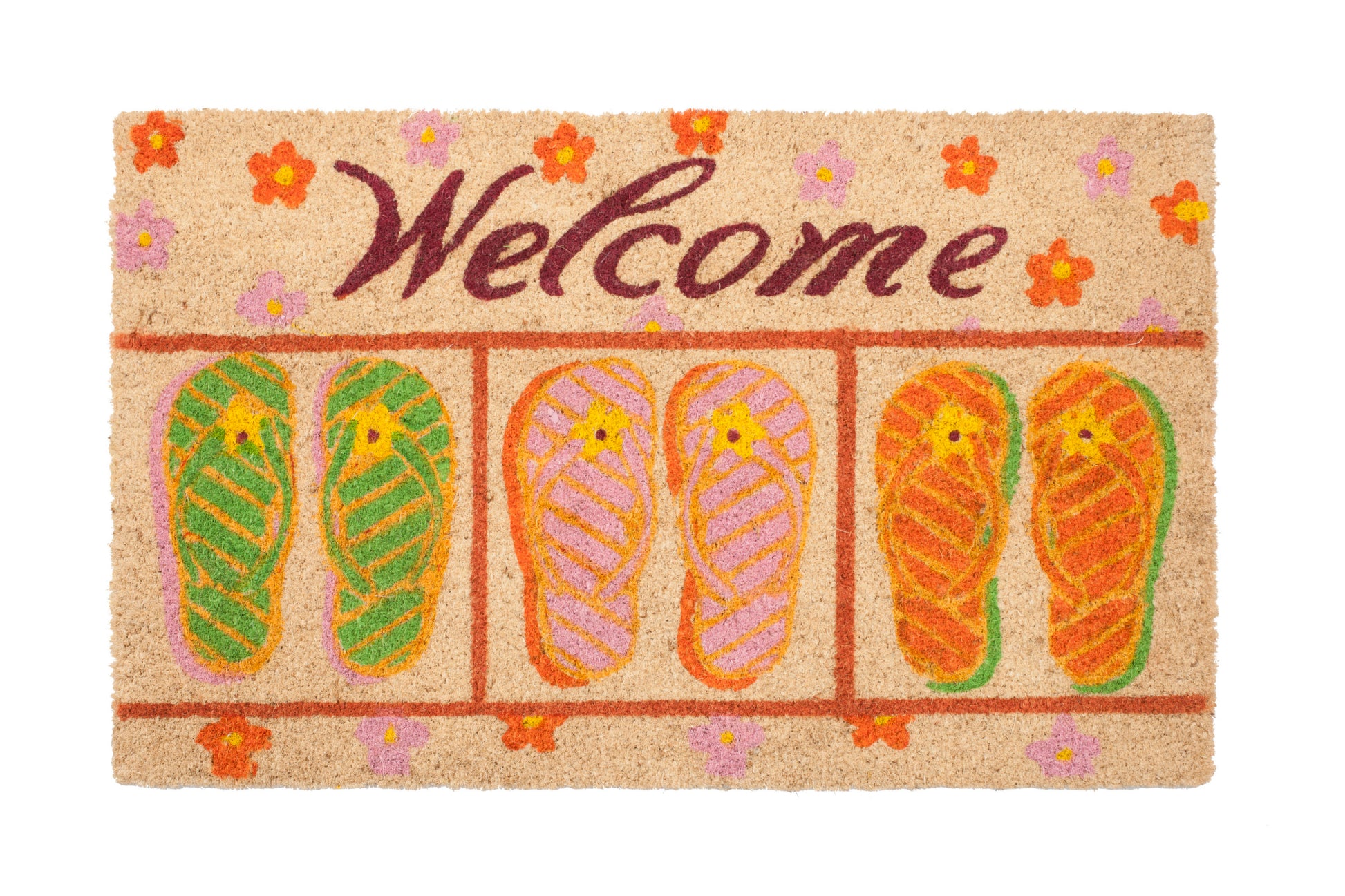 Doormat with flip-flop design and 'Welcome' text on a beige background
