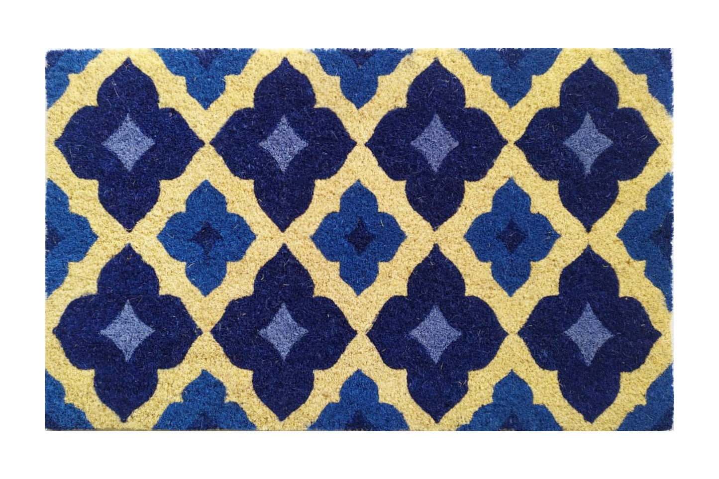 Decorative doormat with blue and yellow geometric pattern on a white background