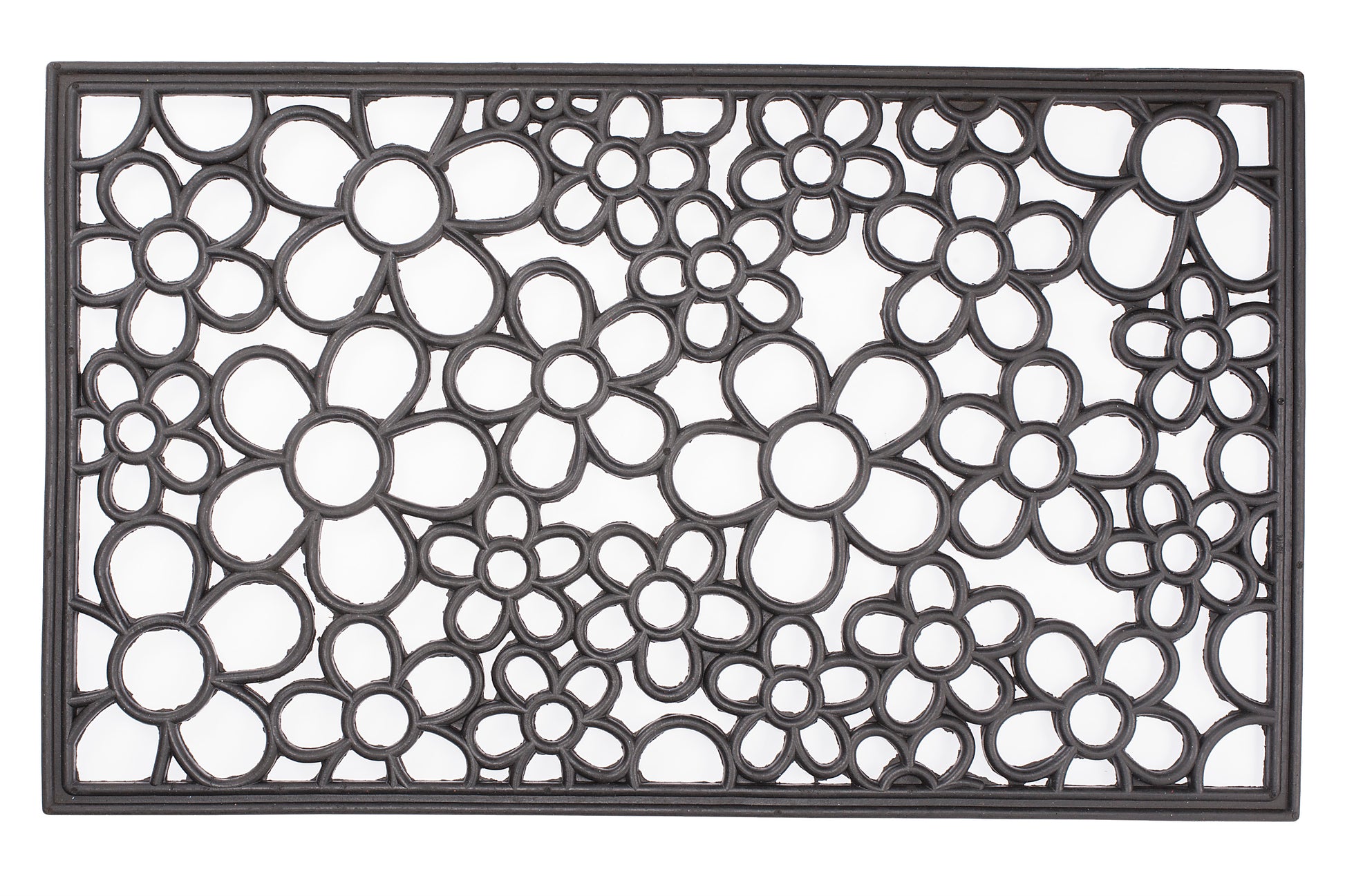 black rubber door mat with decorative floral flower pattern