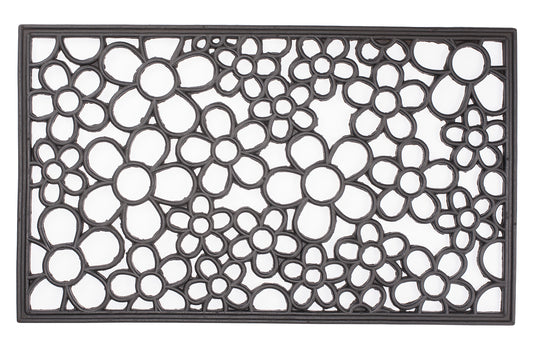 black rubber door mat with decorative floral flower pattern