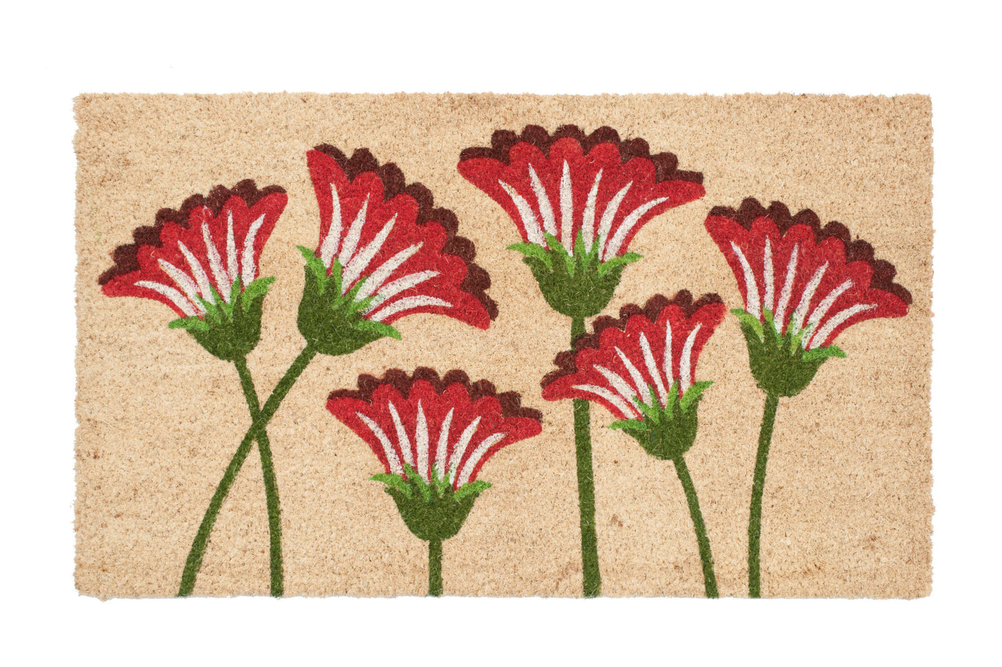 Doormat with red and green floral design on a beige background