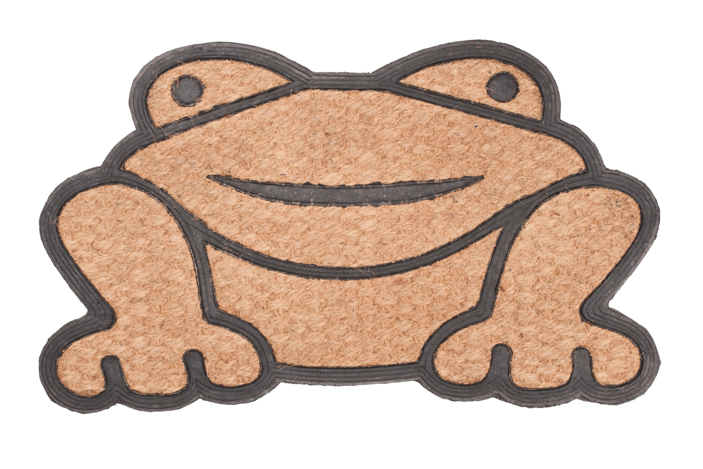 Frog-shaped doormat with a smiling face on a white background