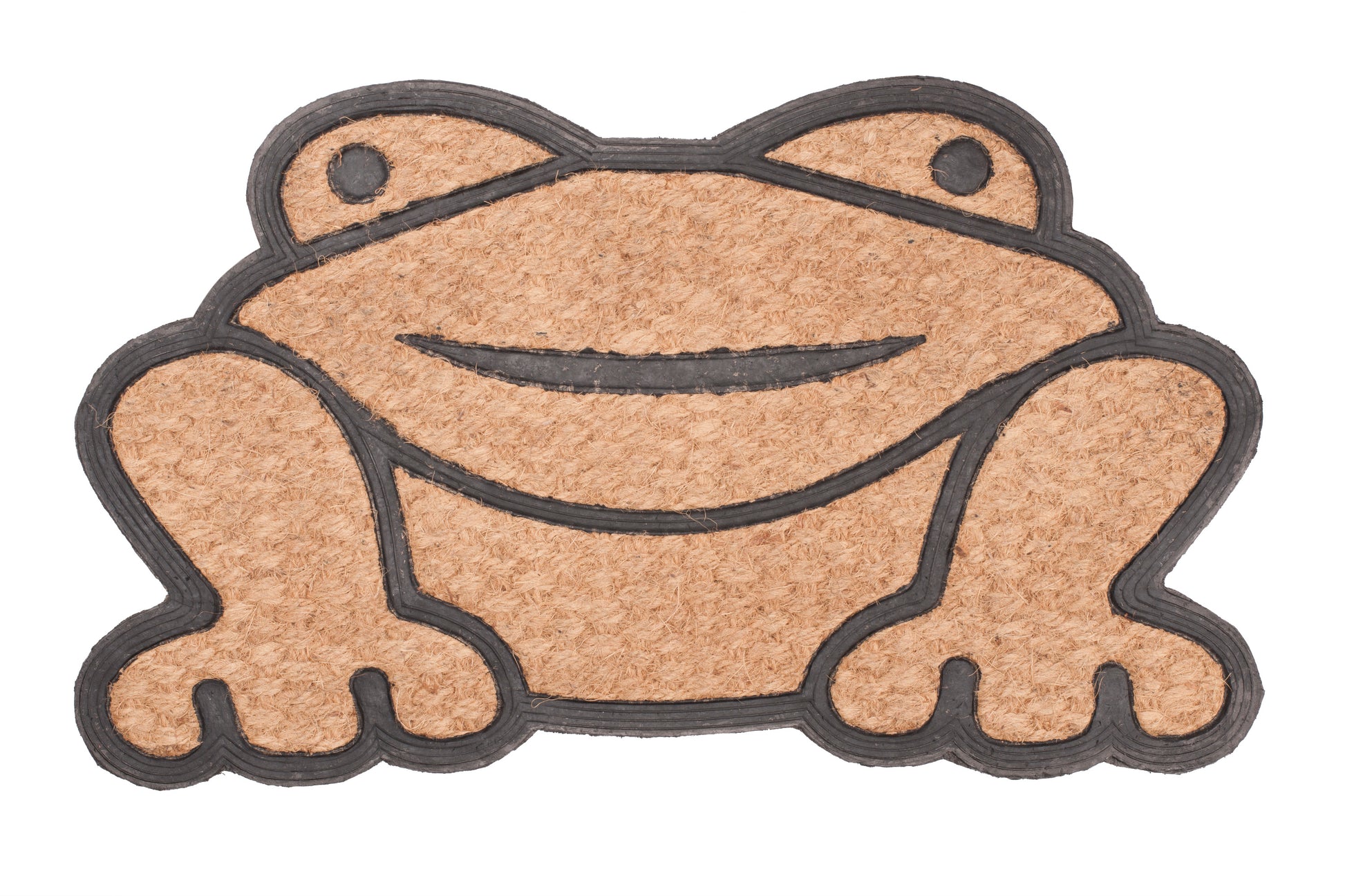 Frog-shaped doormat with a smiling face on a white background