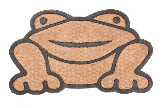 Frog-shaped doormat with a smiling face on a white background