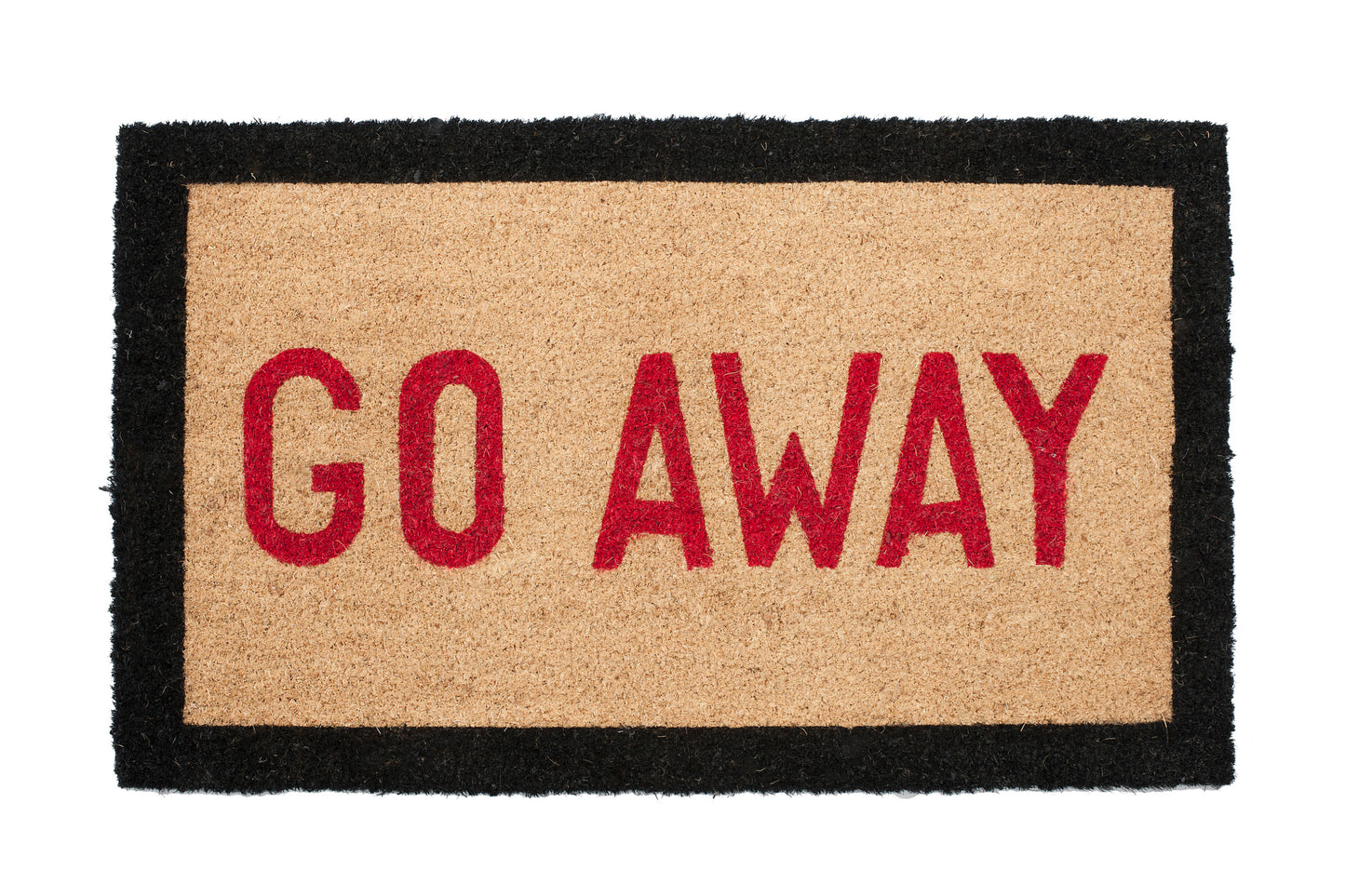 Doormat with 'GO AWAY' text on a beige background