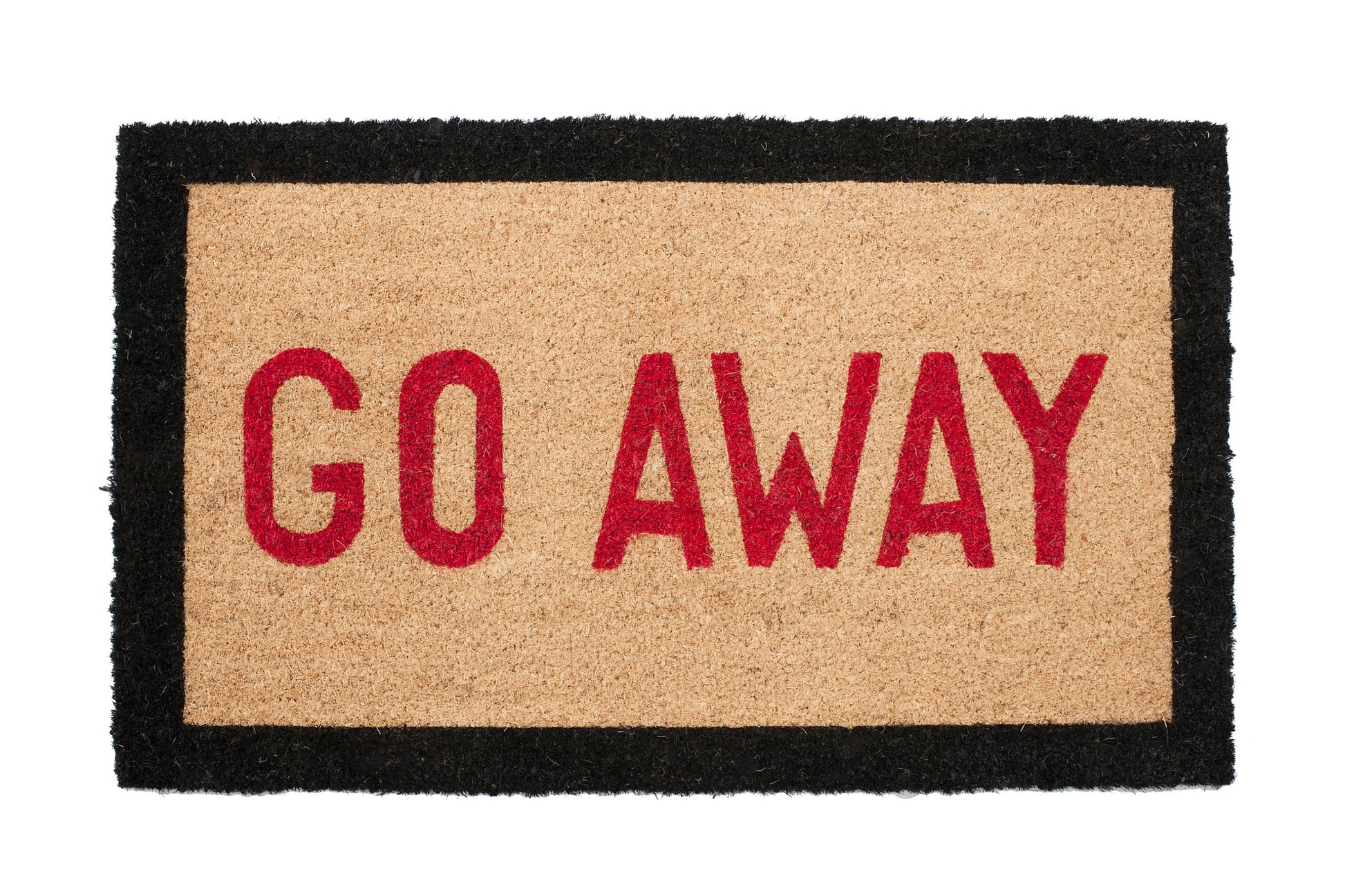 Doormat with 'GO AWAY' text on a beige background