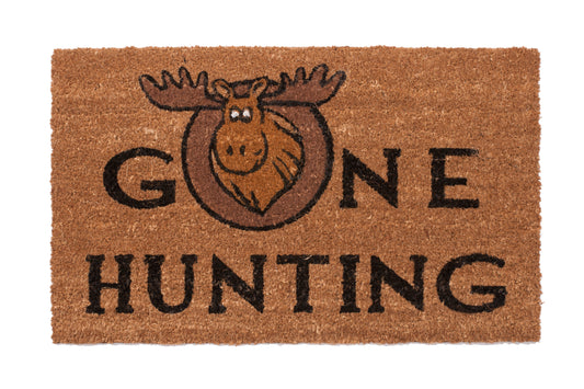 Doormat with moose graphic and 'Gone Hunting' text on a brown background