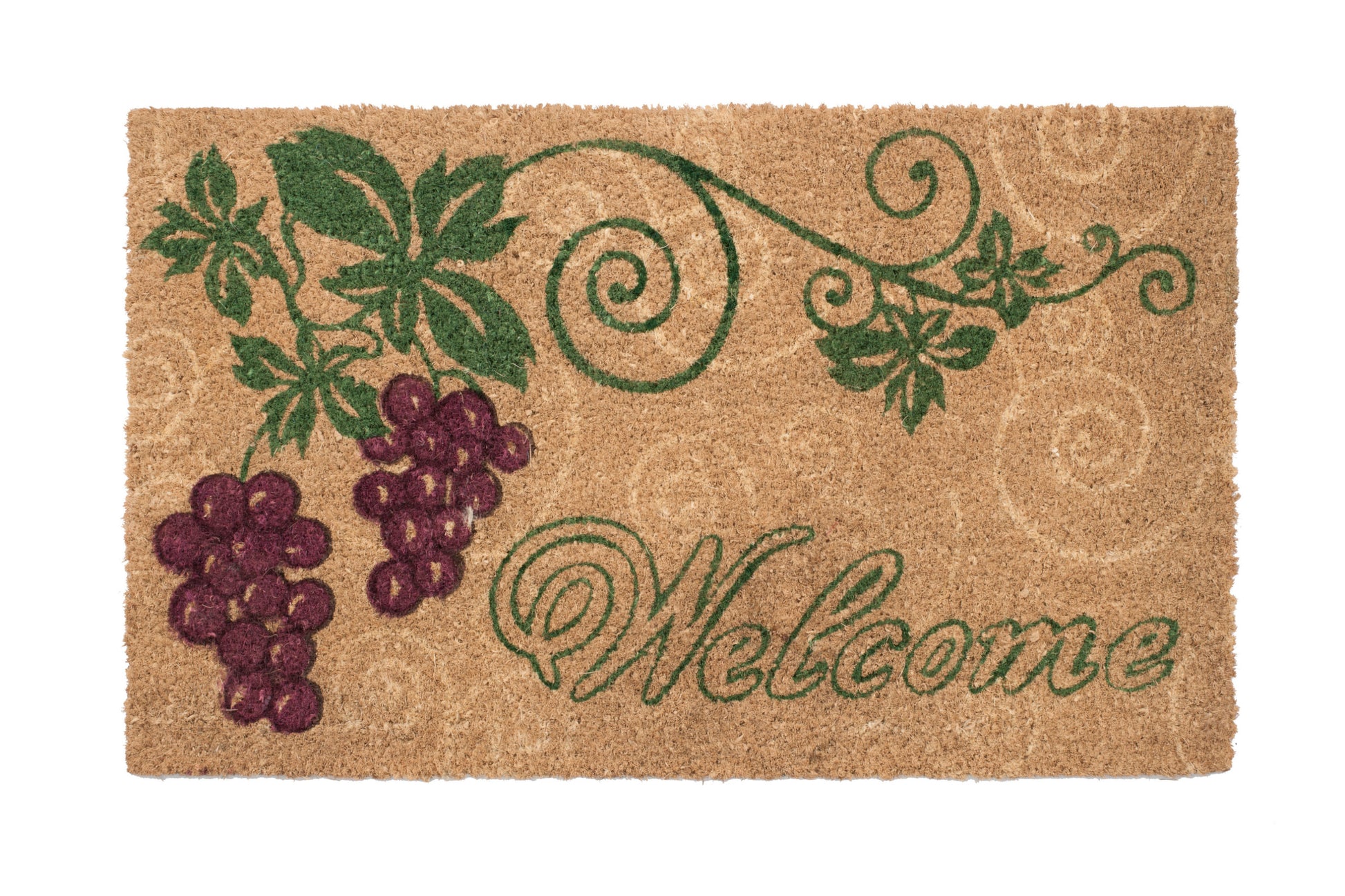 Coir doormat with grapevine design and 'Welcome' text on a white background