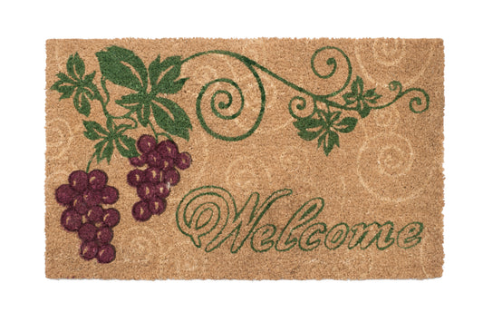 Coir doormat with grapevine design and 'Welcome' text on a white background