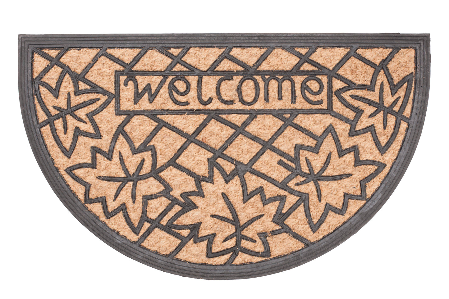 Half-moon shaped doormat with leaf pattern and 'welcome' text on a white background