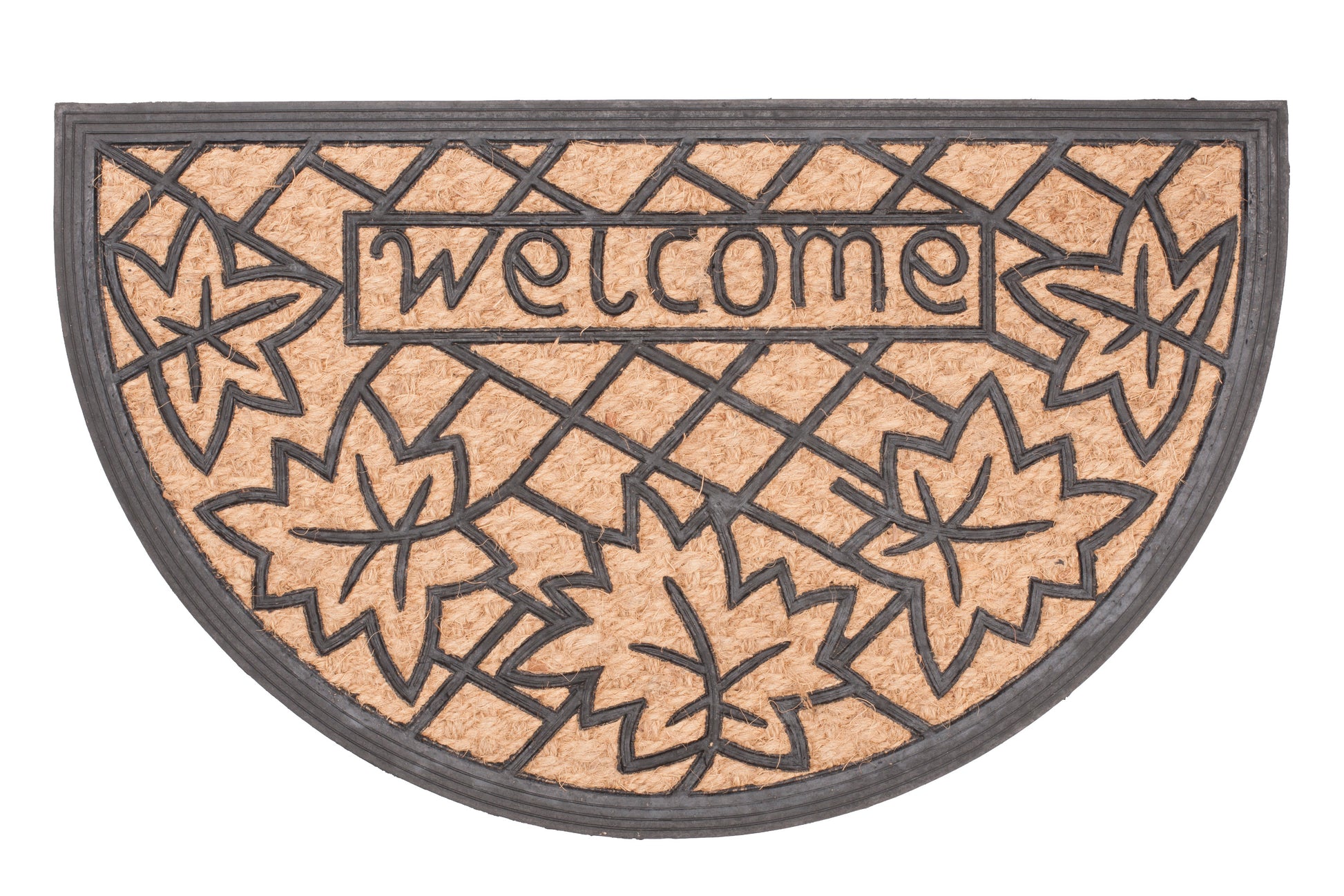 Half-moon shaped doormat with leaf pattern and 'welcome' text on a white background