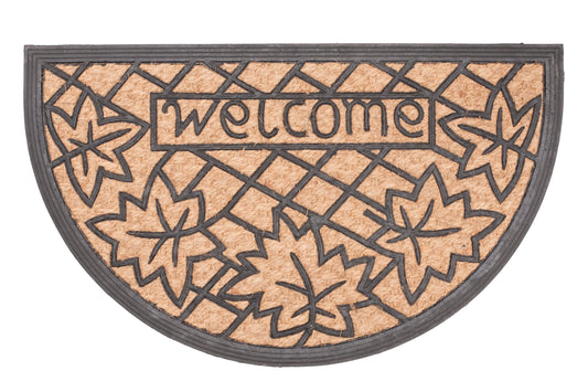 Half-moon shaped doormat with leaf pattern and 'welcome' text on a white background