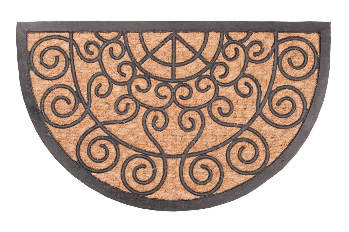 brown door mat with decorative half round scroll pattern