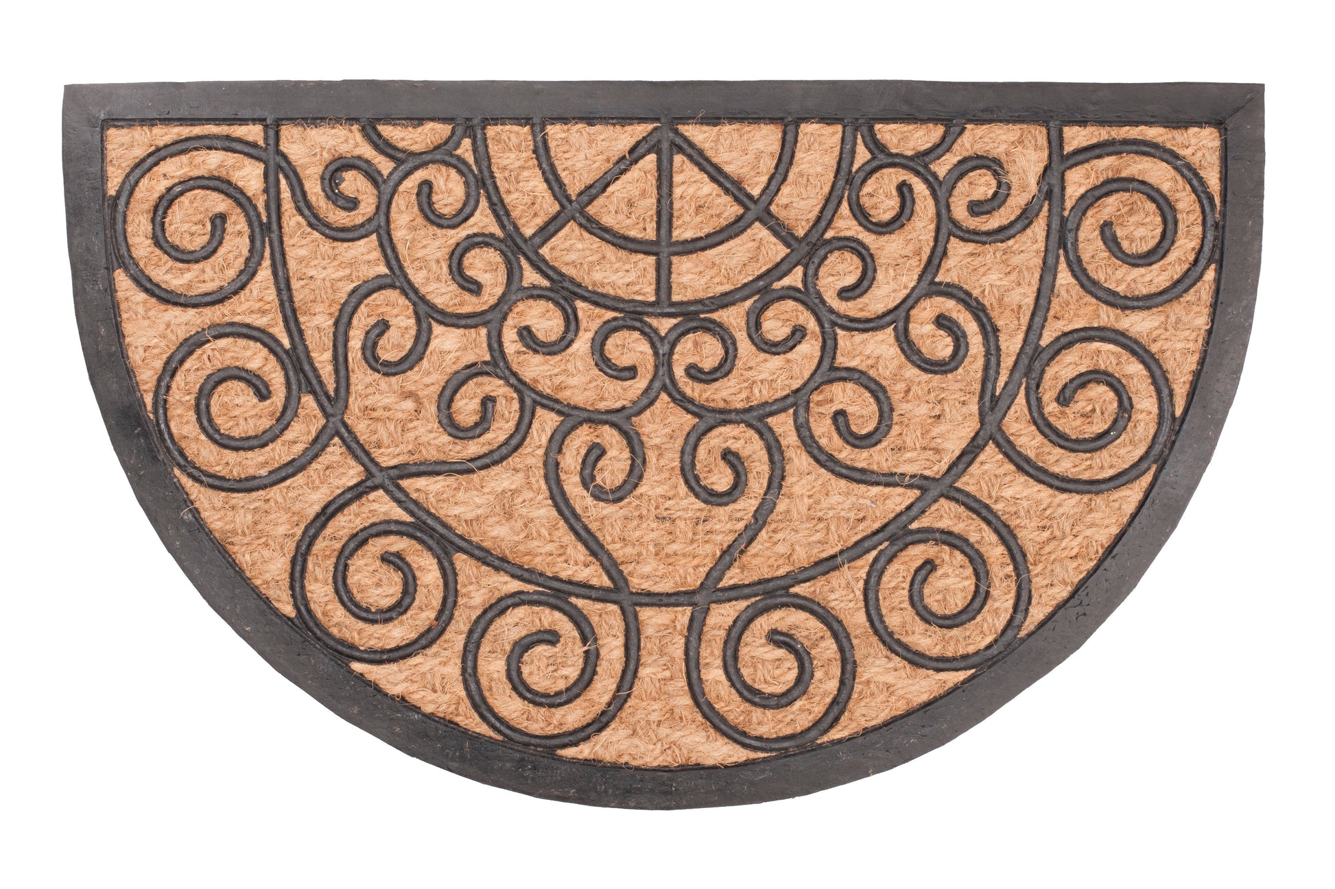 brown door mat with decorative half round scroll pattern
