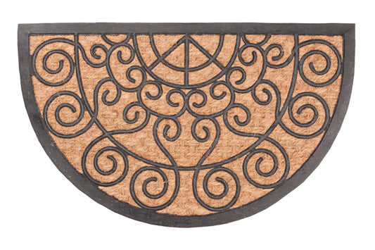 brown door mat with decorative half round scroll pattern