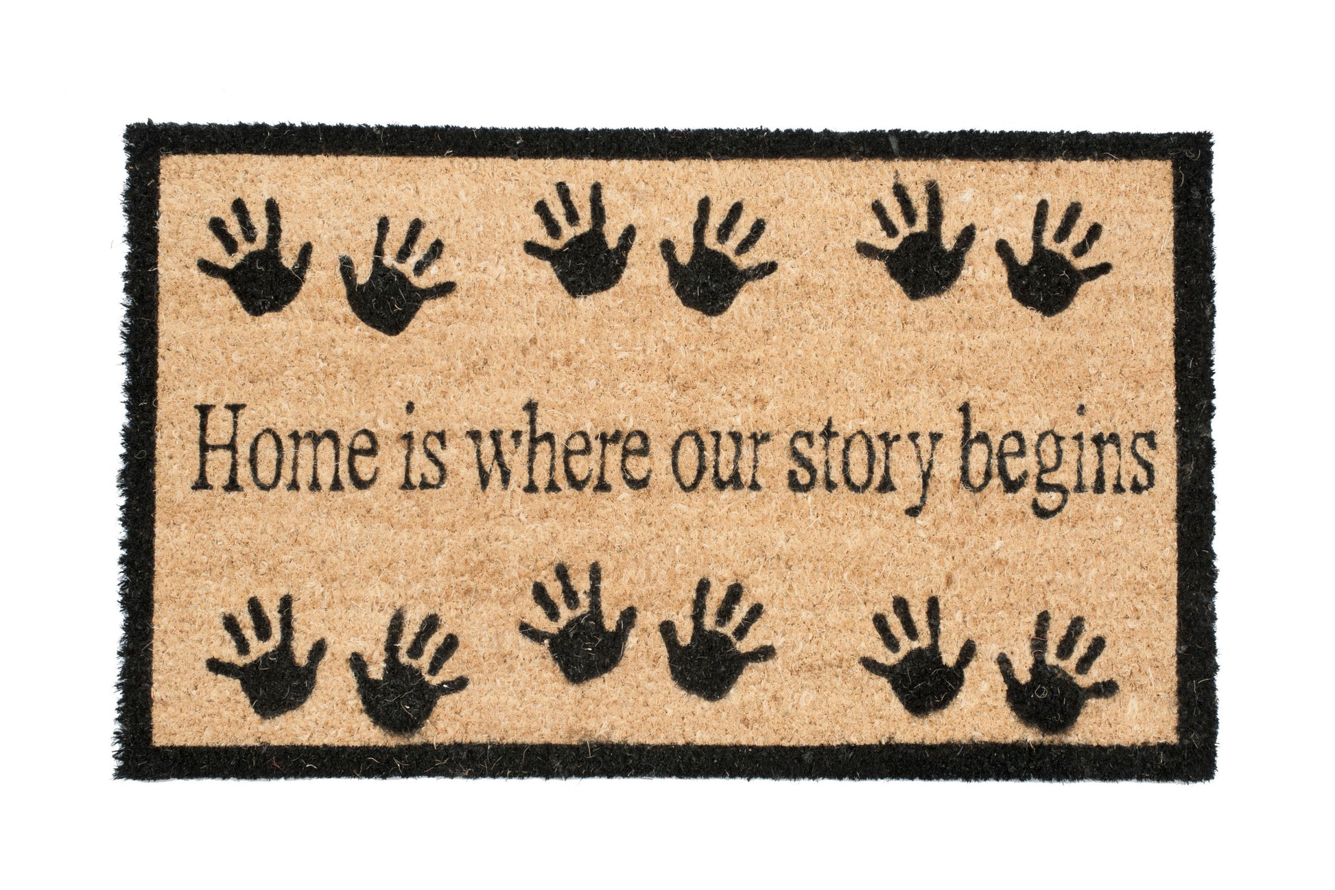 Doormat with handprints and text 'Home is where our story begins' 