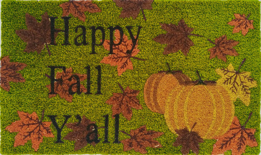 Doormat with 'Happy Fall Y'all' text, pumpkins, and autumn leaves on a green background