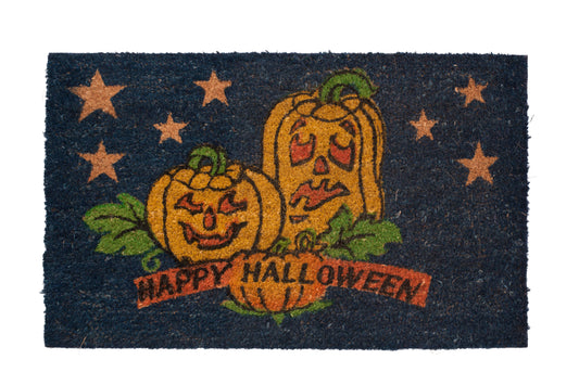 Halloween-themed doormat with jack-o-lanterns and 'Happy Halloween!' text on a dark background.