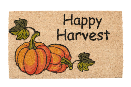 Doormat with pumpkins and 'Happy Harvest' text on a beige background